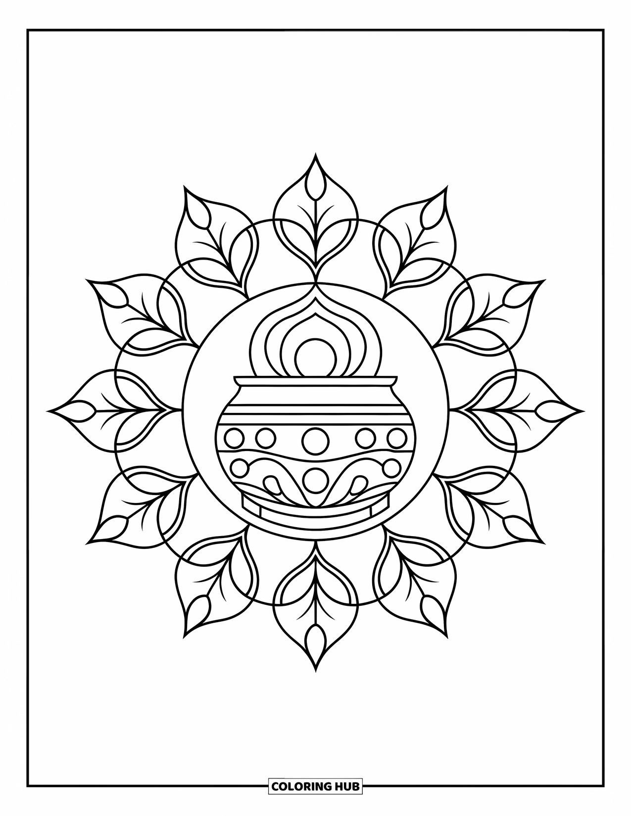 Rangoli Coloring Page for Adults: Kalash rangoli with leaves and festive bell shapes