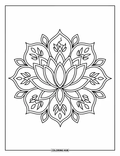 Rangoli-fargeleggingsark for voksne: Stor lotus med symmetriske bladarmer i et detaljert blomstermønster