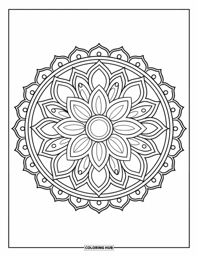Rangoli-fargeleggingsark for voksne: Lagdelte lotuskronblader med prikkede kanter i en klassisk sirkel