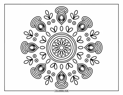 Rangoli-fargeleggingsark for voksne: Lagdelt mandala med diya-er, prikker og blader i et harmonisk sirkulært mønster