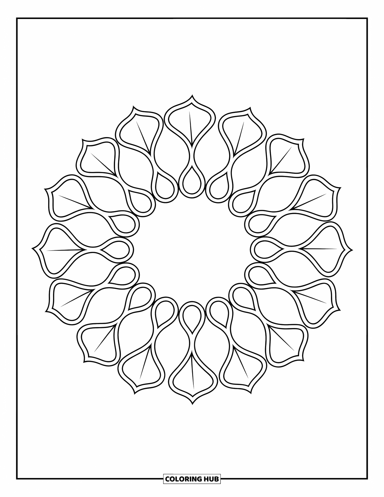 Rangoli Coloring Page for Adults: Leaf wreath rangoli with alternating large and small leaves