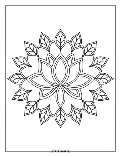 Rangoli-fargeleggingsark for voksne: Lotusblomst i midten med bladarmer som sprer seg utover