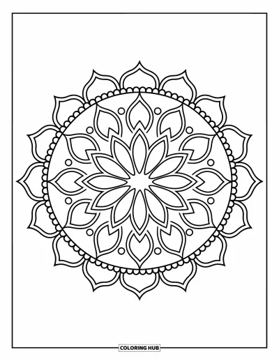 Rangoli-fargeleggingsark for voksne: Lotus-mandala med kronblader og prikker i et tradisjonelt rundt design