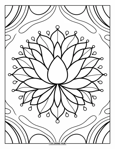 Rangoli-fargeleggingsark for voksne: Lotus-rangoli med lagdelte kronblader og delikate prikkaksentuasjoner