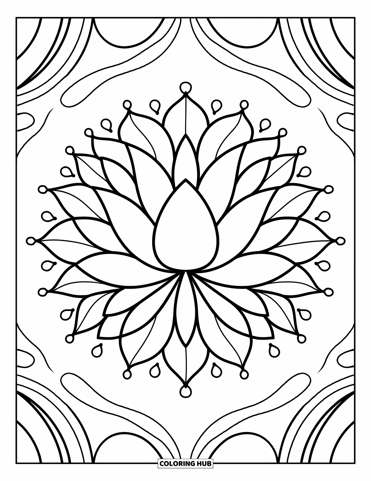Rangoli Coloring Page for Adults: Lotus rangoli with layered petals and delicate dot accents