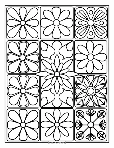 Rangoli-fargeleggingsark for voksne: Ni-ruters gitter fylt med morsomme blomster-, blad- og geometriske mønstre
