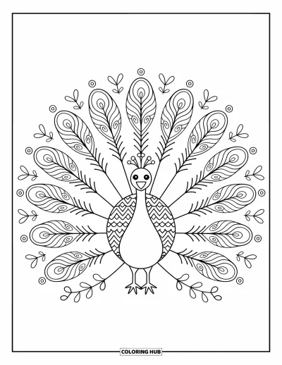 Rangoli-fargeleggingsark for voksne: Påfugl med dekorativ fjærvinge og blomsterranker i mandala-stil