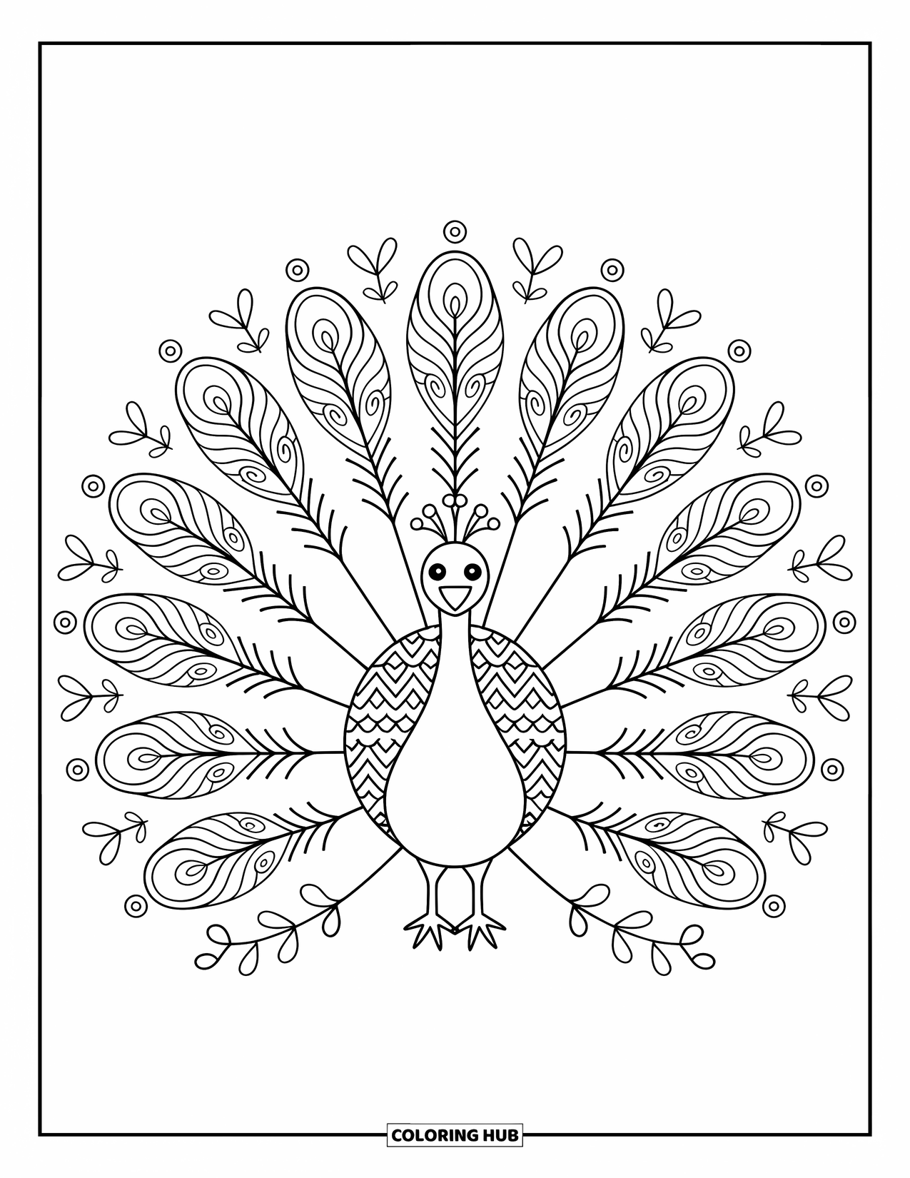 Rangoli Coloring Page for Adults: Peacock with a fancy feather fan and floral vines in a mandala style