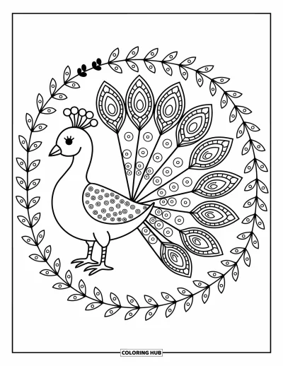Rangoli-fargeleggingsark for voksne: Påfugl med svingete viftehale og myke blomsteraksentuasjoner