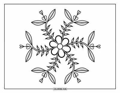 Rangoli-fargeleggingsark for voksne: Vindmølle-ranker med blader og knopper omkranser en blomst med prikkede halvirkelmønstre