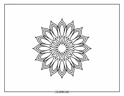 Rangoli-fargeleggingsark for voksne: Utstrålende kronbladdesign i et solsikkelignende rangoli-mønster