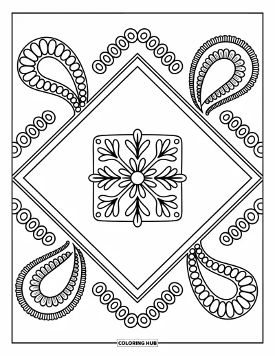 Rangoli-fargeleggingsark for voksne: Kvadratisk blomstermandala med paisley-motiver og detaljerte virvler i en diamantramme