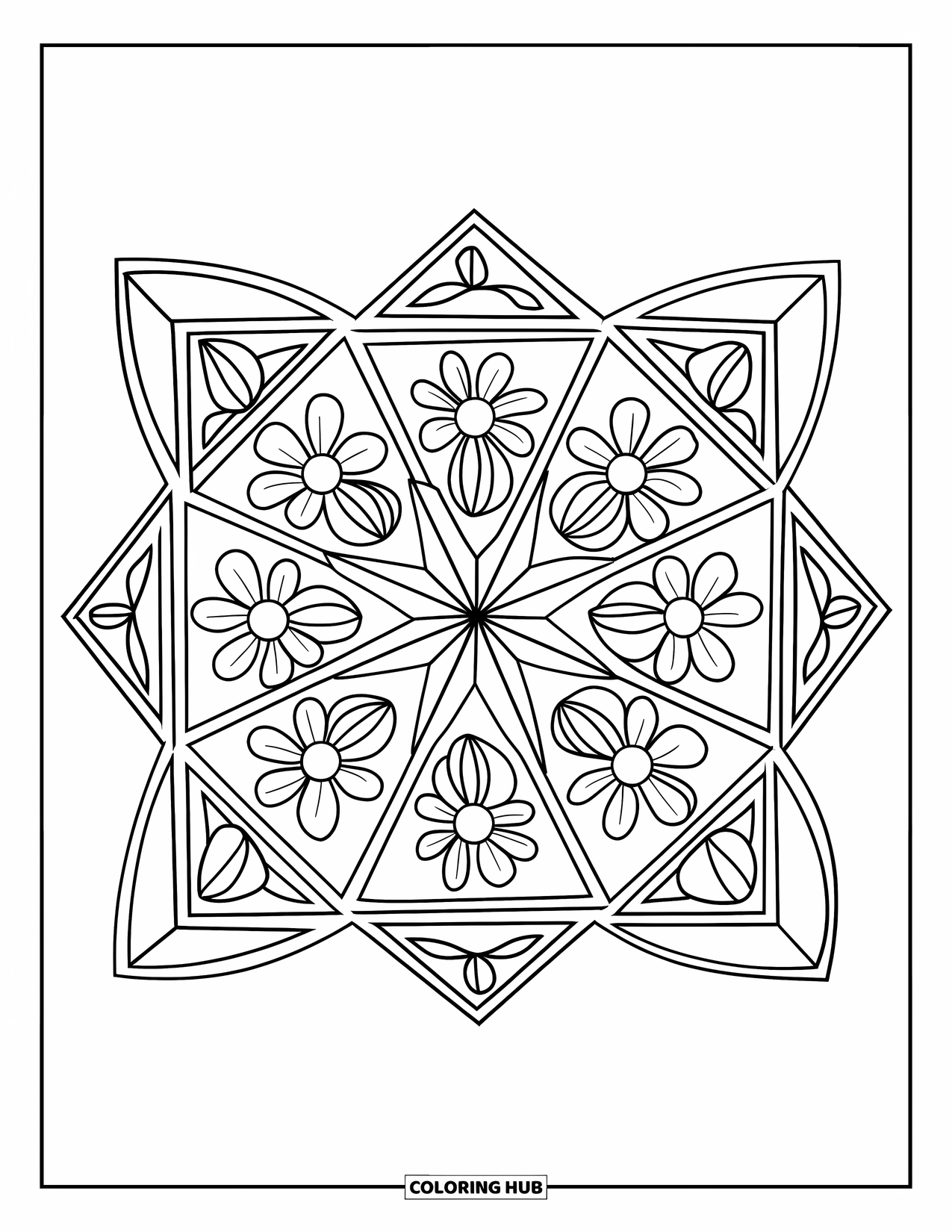 Rangoli Coloring Page for Adults: Square rangoli divided into triangles with floral patterns