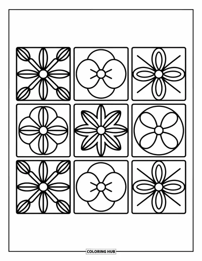 Rangoli-fargeleggingsark for voksne: Kvadratisk rangoli-gitter med stjernesenter og lekent mønstermangfold