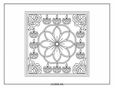 Rangoli-fargeleggingsark for voksne: Kvadratisk rangoli med blomst i midten og rader med små diya-er