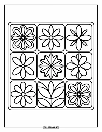 Rangoli-fargeleggingsark for voksne: Stjerneformet mandala i midten omgitt av blomster- og bladgitterdesign
