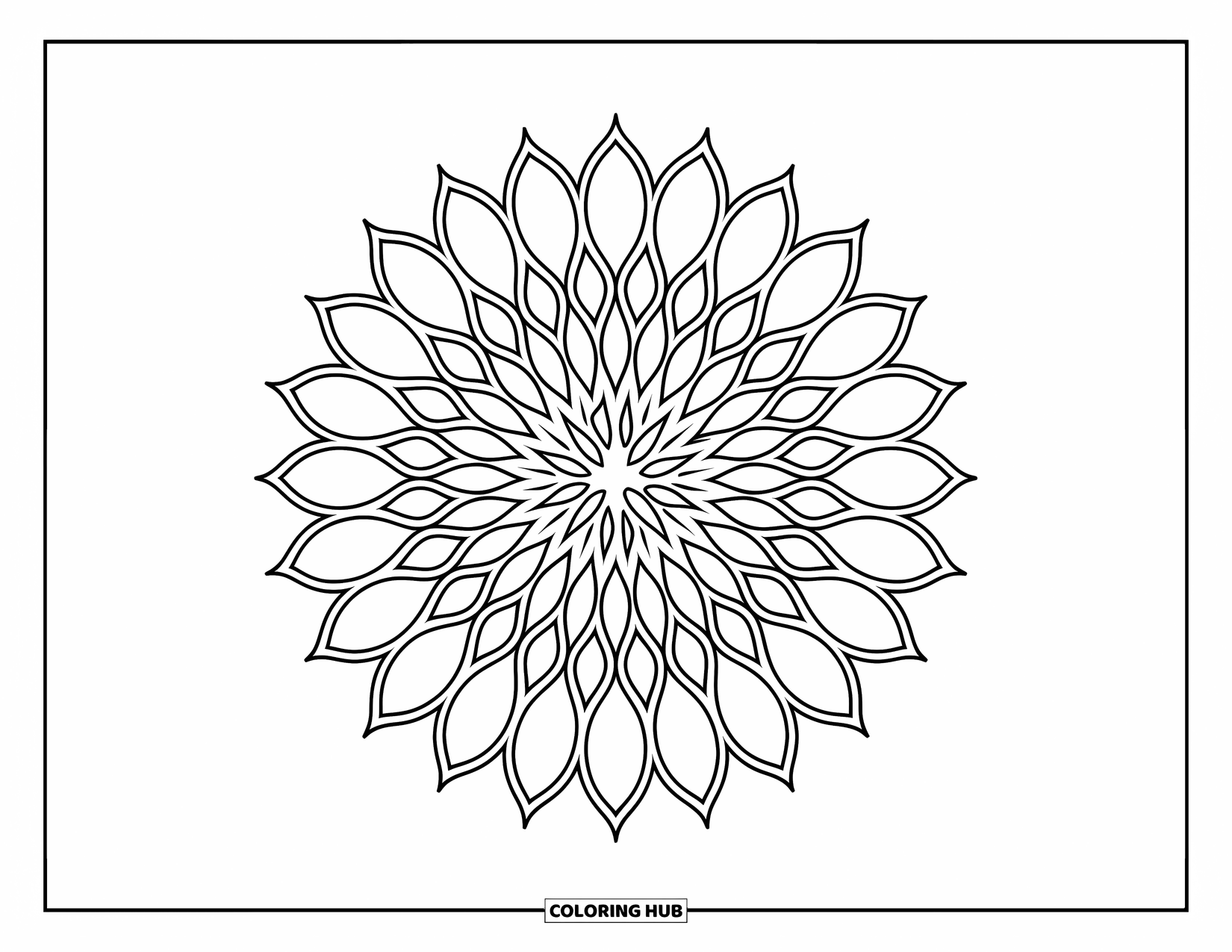Rangoli Coloring Page for Adults: Sunflower-style rangoli made entirely of layered petal shapes
