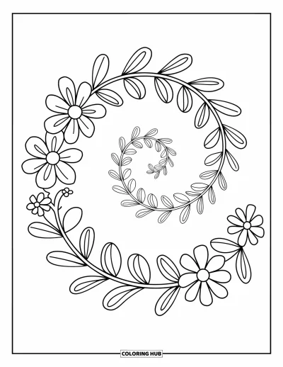 Rangoli-fargeleggingsark for voksne: Spiralende blomsterspiral med prikkede kjeder og blomstrende blomster