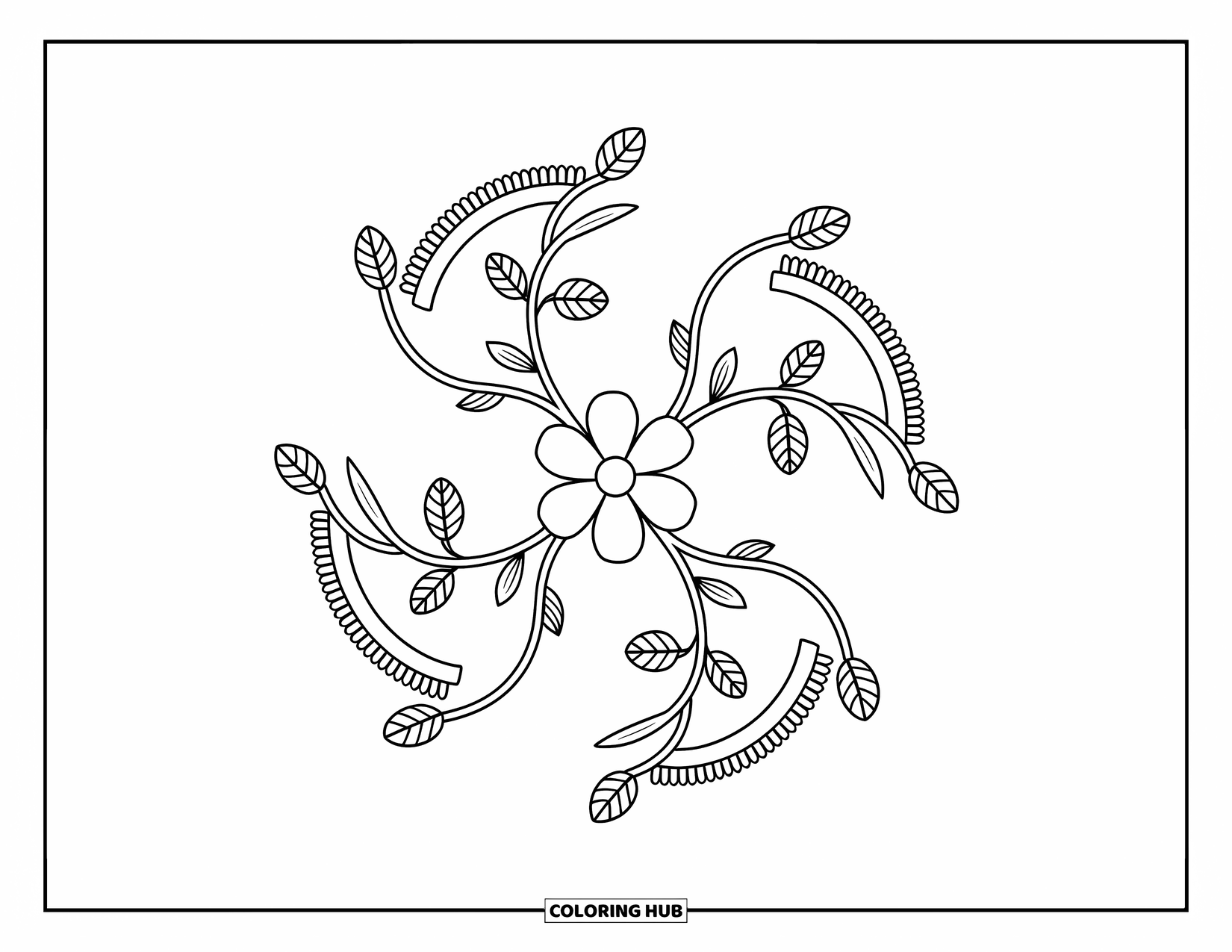 Rangoli Coloring Page for Adults: Swirling vines with floral buds spiral from a central flower in a cheerful layout