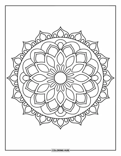 Rangoli-fargeleggingsark for voksne: Tradisjonell sirkel-rangoli med lotuskronblader og prikkede kanter
