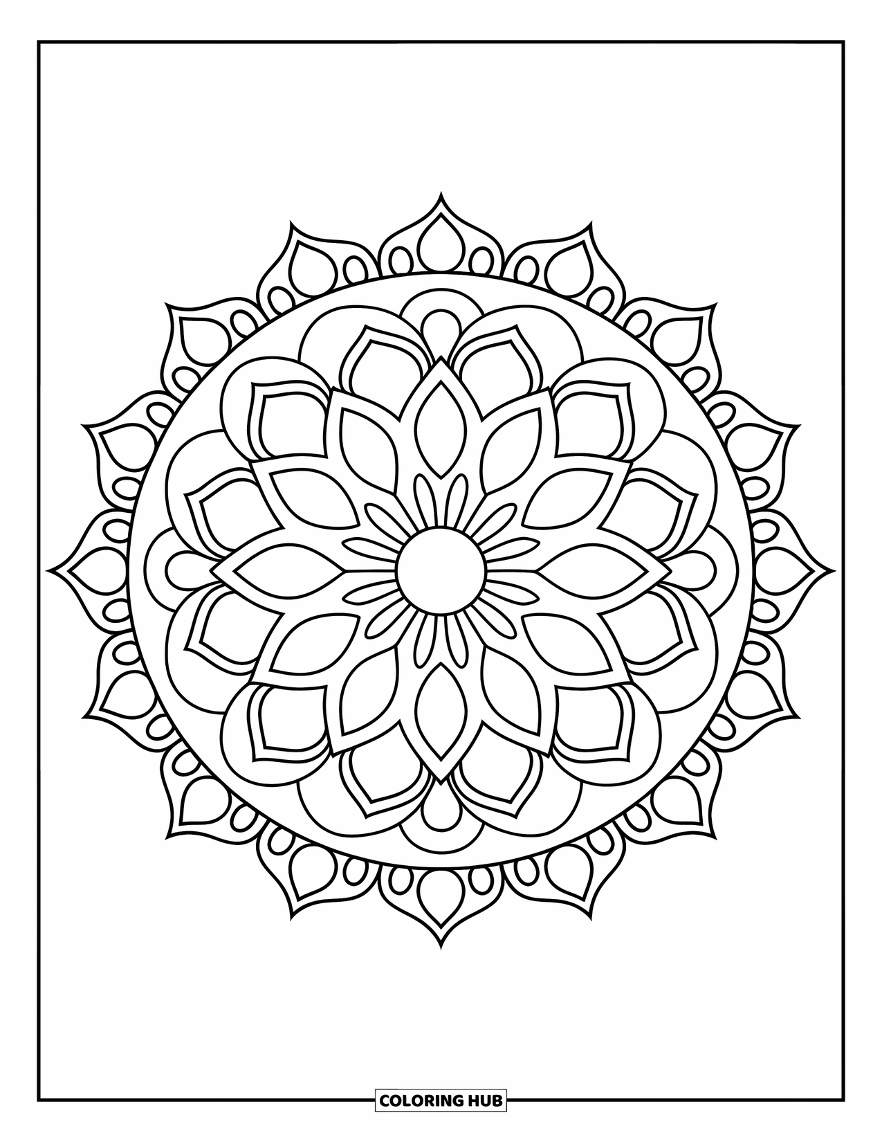 Rangoli Coloring Page for Adults: Traditional circle rangoli with lotus petals and dotted borders