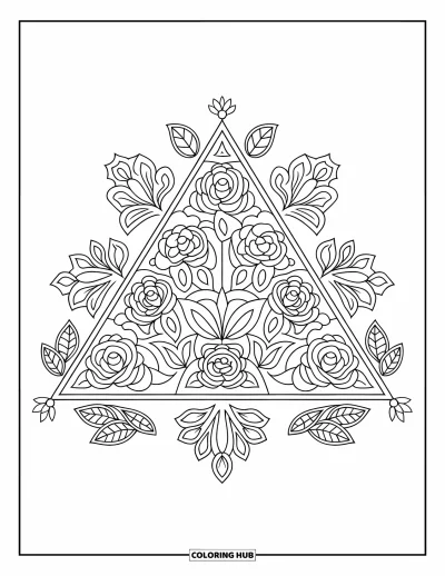 Rangoli-fargeleggingsark for voksne: Trekantbasert rangoli med roser, lotus og bladdetaljer