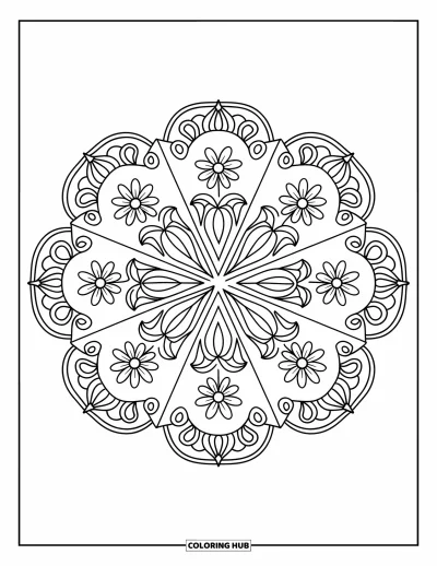 Rangoli-fargeleggingsark for voksne: Trekantfelter fylt med blomsterdetaljer i rangoli-stil