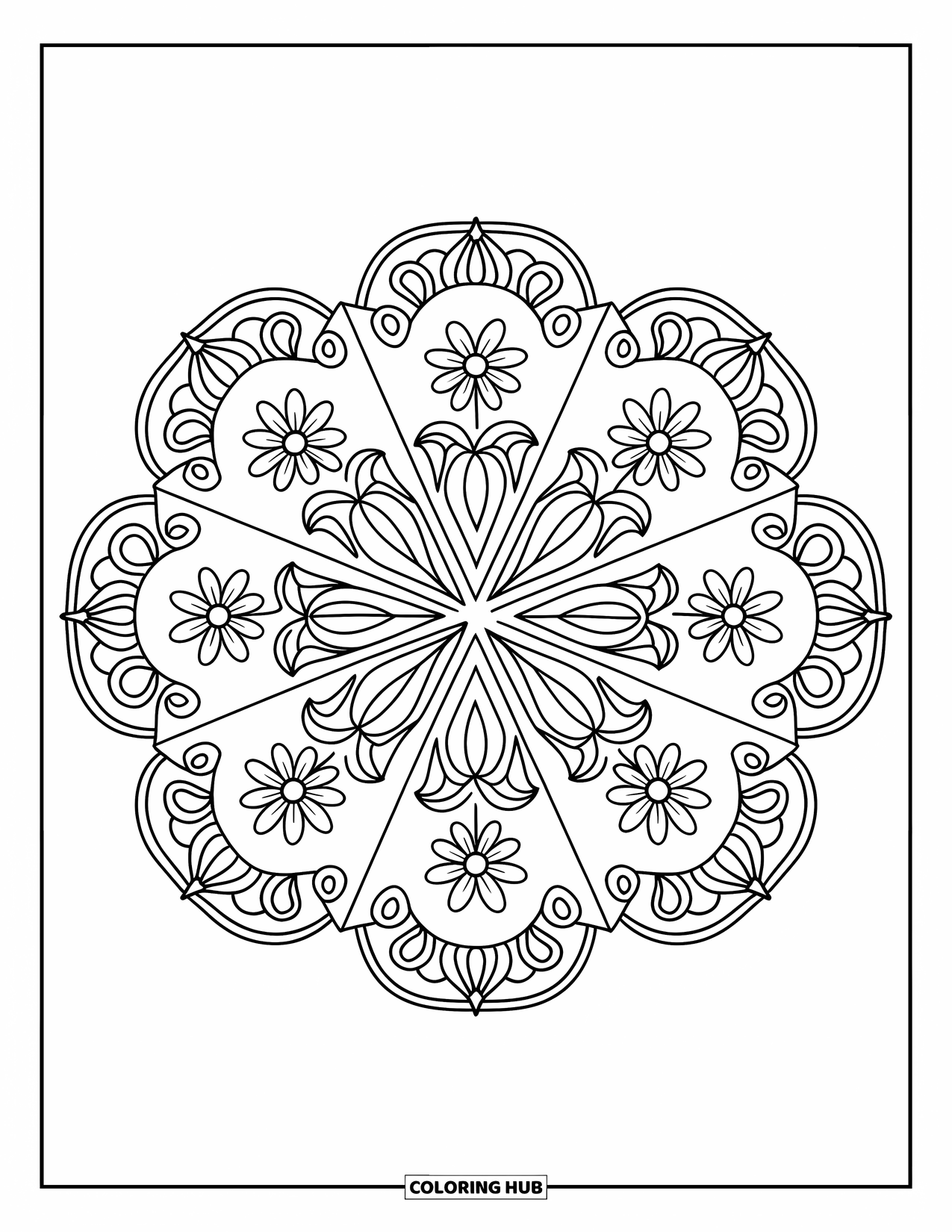 Rangoli Coloring Page for Adults: Triangle sections filled with floral rangoli details