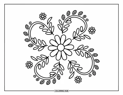 Rangoli-fargeleggingsark for voksne: Fantasifull blomst med spiralranker og prikkete krøller i et mykt vindmøllemønster