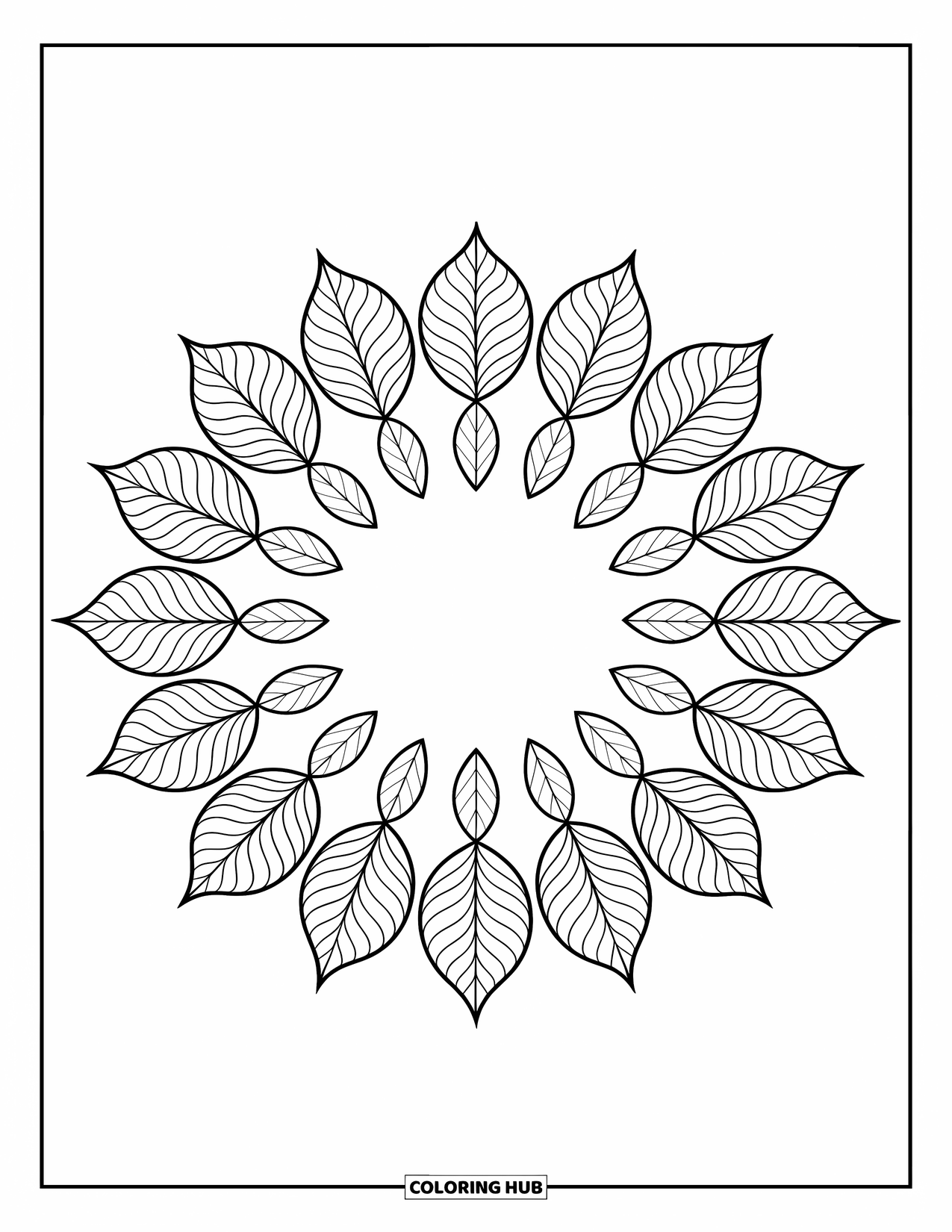 Rangoli Coloring Page for Adults: Wreath of leaves with alternating sizes and gentle details