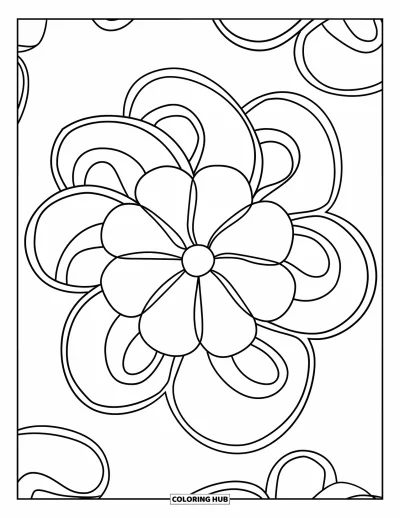 Rangoli-fargeleggingsark for barn: Stor blomsterrangoli med markerte virvler rundt seg
