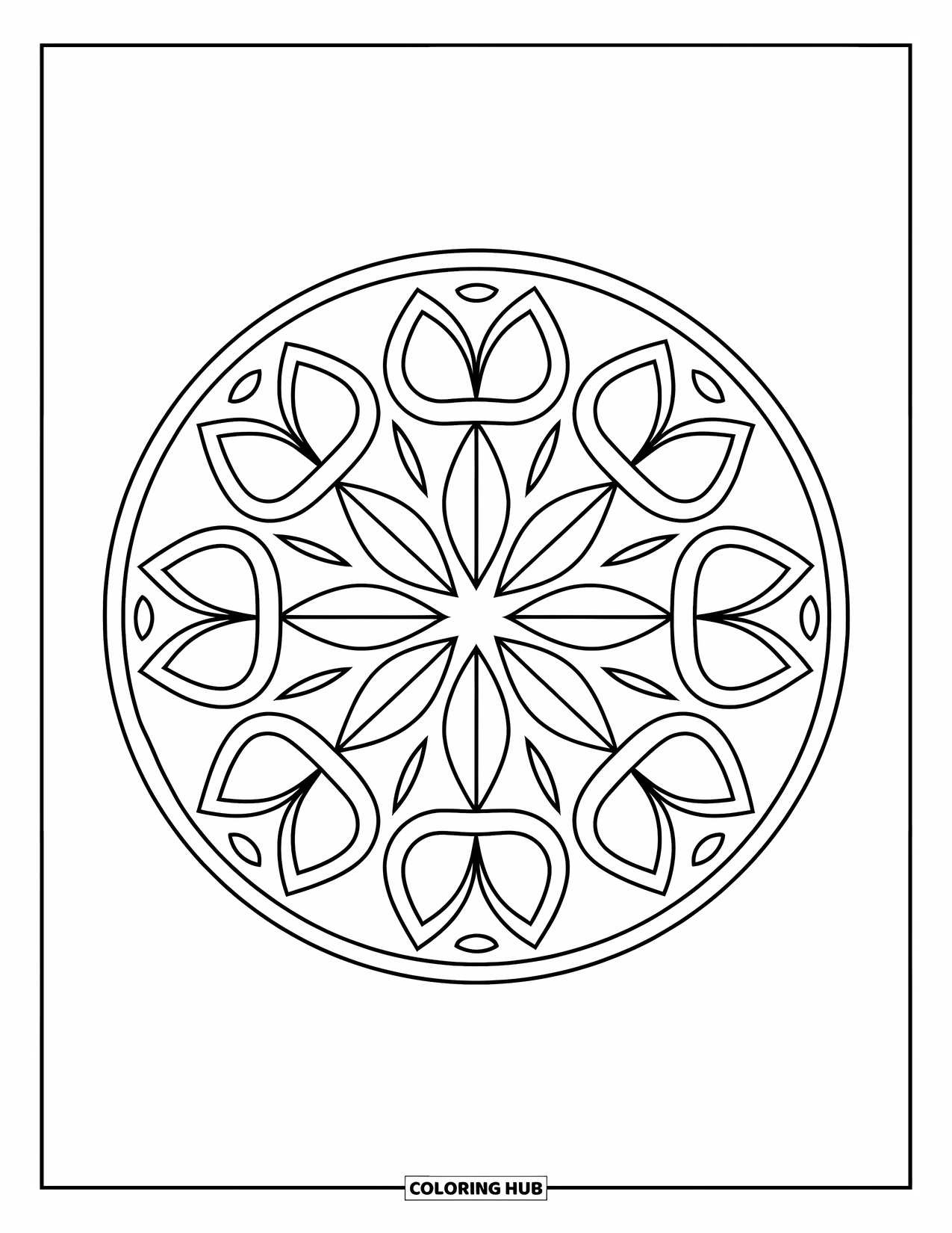 Rangoli Coloring Page for Kids: Bold triangle and leaf rangoli arranged in a circle