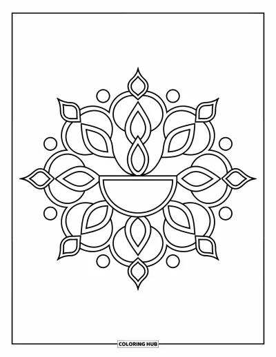 Rangoli-fargeleggingsark for barn: Rangoli med diya i sentrum og lekne prikker og diamantdekorasjoner