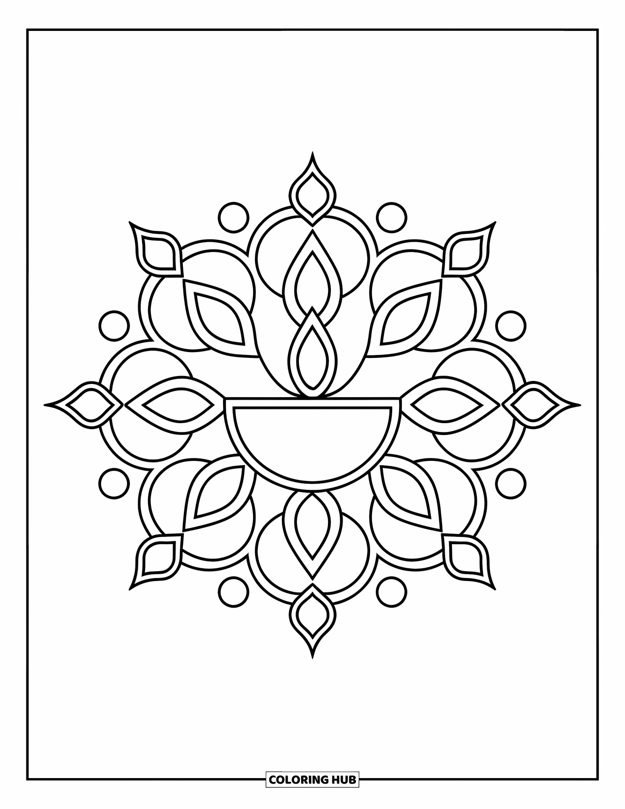 Rangoli Coloring Page for Kids: Central diya rangoli with playful dots and diamond decorations