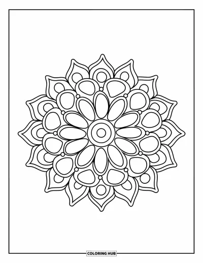 Rangoli-fargeleggingsark for barn: Munter rund rangoli med tykke kronblader og enkle prikkdetaljer