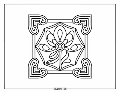 Rangoli-fargeleggingsark for barn: Munter kvadratisk rangoli med blomst og lekne hjørneformer