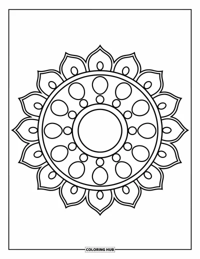 Rangoli-fargeleggingsark for barn: Sirkeldesign med store kronblader og jevnt fordelte prikker