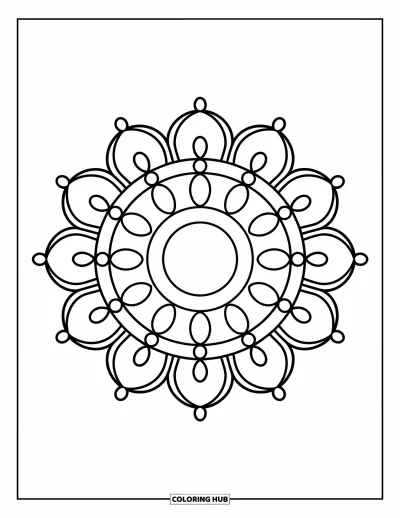 Rangoli-fargeleggingsark for barn: Sirkel-rangoli med tydelige kronblader og prikkede aksentuasjoner