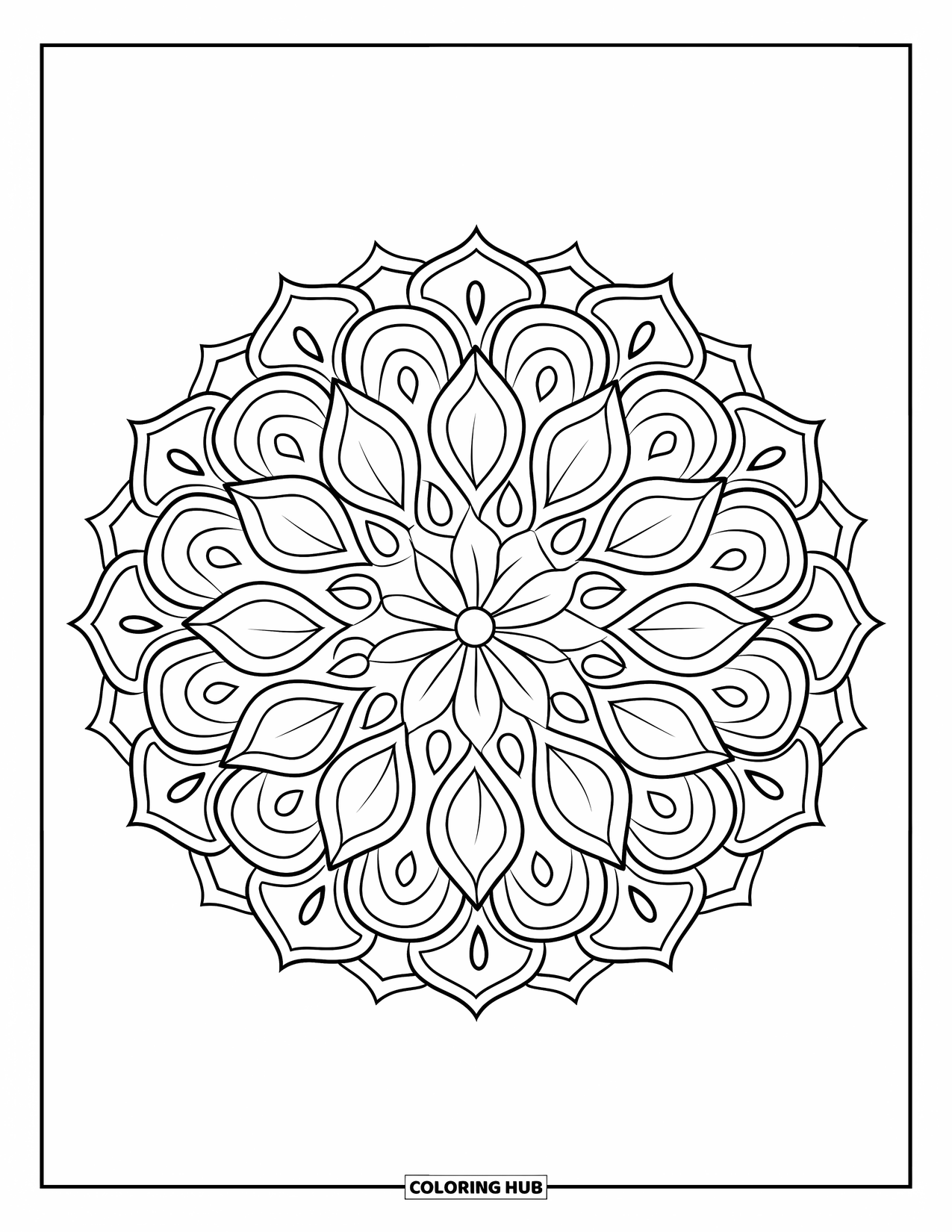 Rangoli Coloring Page for Kids: Circular rangoli featuring alternating lotus and paisley designs