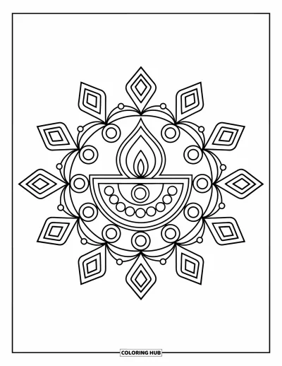 Rangoli-fargeleggingsark for barn: Rangoli med diya i midten og prikkete og diamantformede mønstre