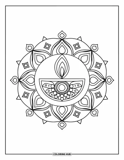 Rangoli-fargeleggingsark for barn: Diya-inspirert rangoli med prikker og diamanter i et enkelt mønster