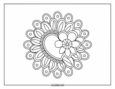 Rangoli-fargeleggingsark for barn: Engasjerende hjerte- og blomsterrangoli med virvelornamentikk og prikkdetaljer