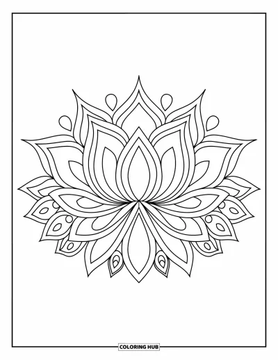 Rangoli-fargeleggingsark for barn: Uttrykksfull lotus-rangoli med kronbladlag og ornamenterte bladdetaljer