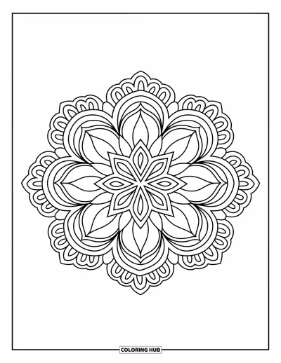 Rangoli-fargeleggingsark for barn: Blomsterrangoli med lagdelte kronblader og paisley-motiver i et livlig mønster