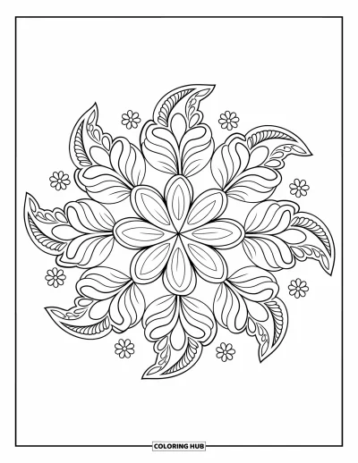 Rangoli-fargeleggingsark for barn: Blomsterrangoli med lagdelte kronblader, paisley-kanter og spredte blader