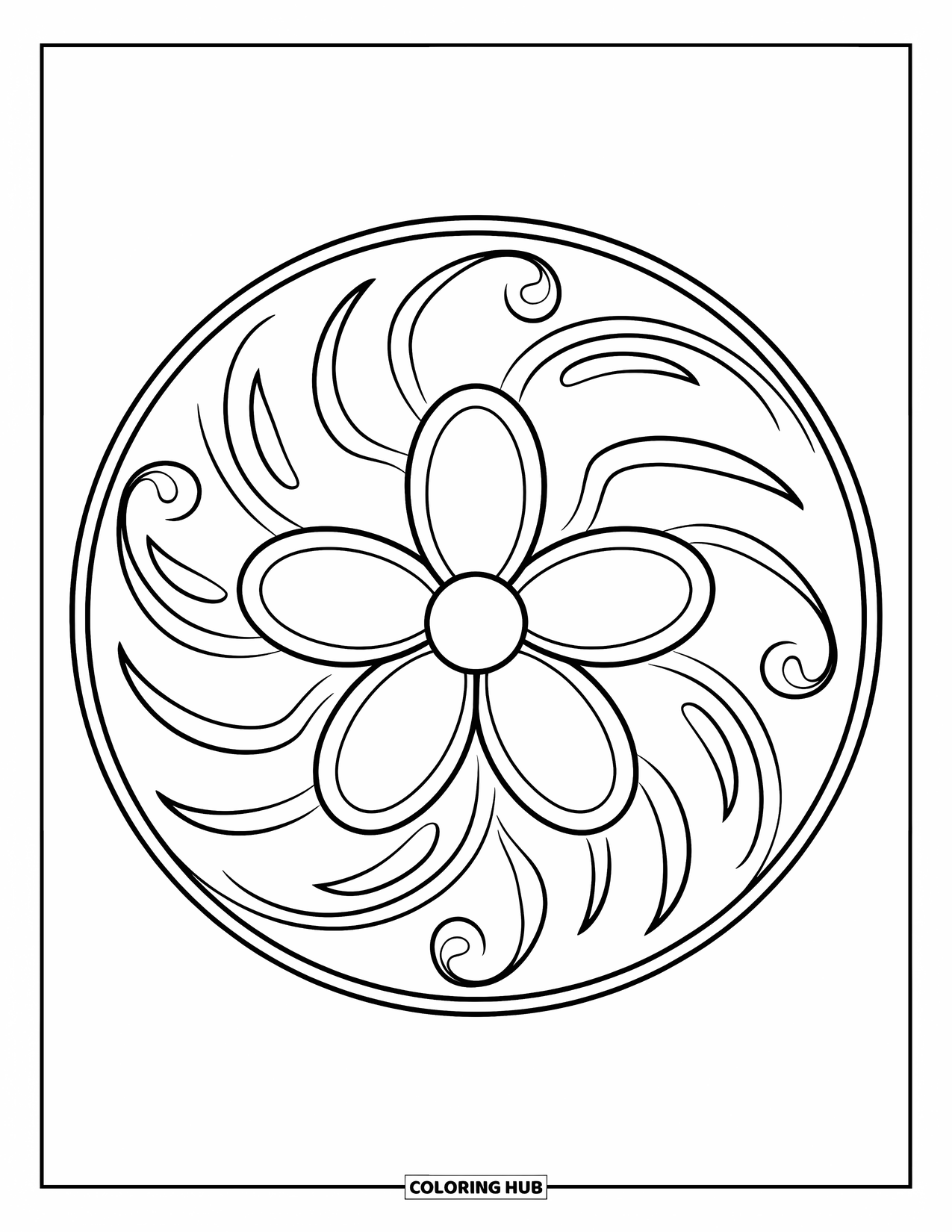 Rangoli Coloring Page for Kids: Flower with five petals and swirls in a round border