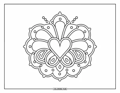 Rangoli-fargeleggingsark for barn: Morsom rangoli med hjerte, blomst, virvler og prikkede ringer