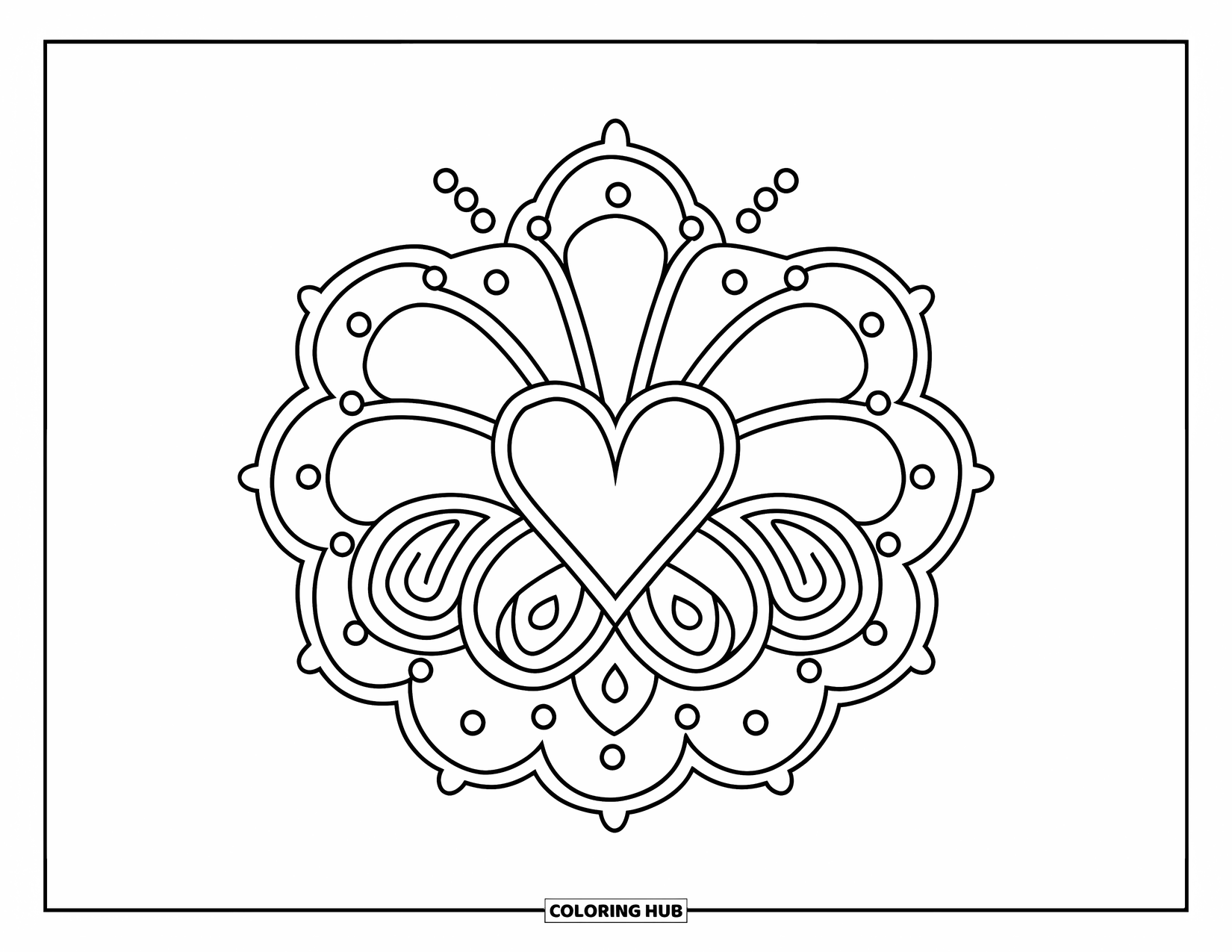 Rangoli Coloring Page for Kids: Fun rangoli with heart, flower, swirls, and dotted rings