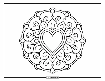 Rangoli-fargeleggingsark for barn: Hjerte- og blomsterrangoli inni en sirkel med virvelornamentikk og prikkede ringer