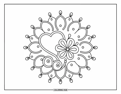 Rangoli-fargeleggingsark for barn: Hjerte- og blomsterrangoli med virvler og prikkede ringer